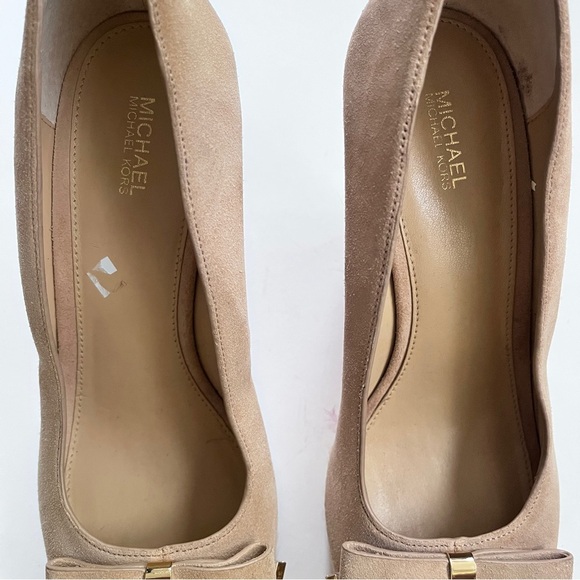 Michael Kors Wedge Sandals Tan Suede Meg Bow Peep Toe Espadrilles Size 9 - Picture 5 of 10
